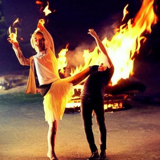 Prompt: anything you can't control, just let go, dancing by the fire at night