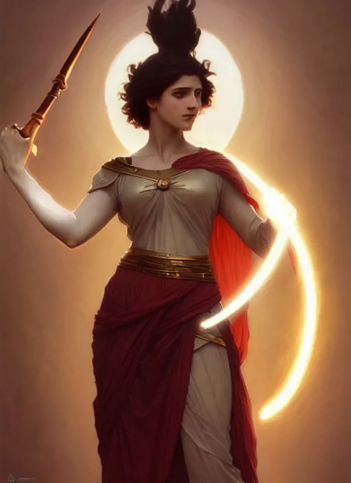 Prompt: fully clothed cassandra the trojan prophetess, redgold hair, white peplos, greek mythology, william adolphe bouguereau, trending on artstation, character art, greek myth digital painting, concept art, smooth, sharp focus, illustration, art by artgerm and greg rutkowski, radiant light,