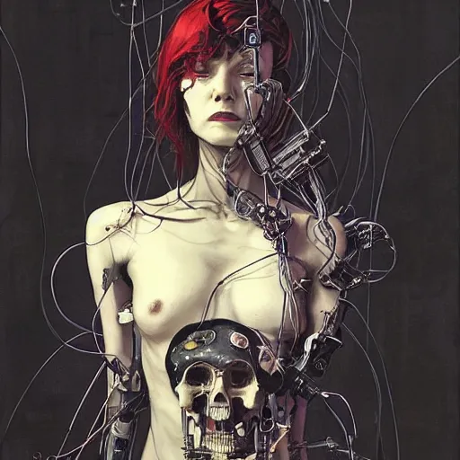 Image similar to a female cyberpunk noir detective, skulls, wires cybernetic implants, machine noir grimcore, in the style of adrian ghenie esao andrews jenny saville surrealism dark art by james jean takato yamamoto and by ashley wood and mike mignola