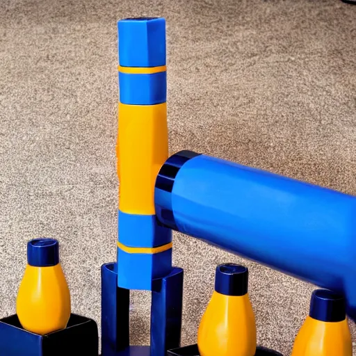 Prompt: blue goldberg machine containing a rocket and an orange