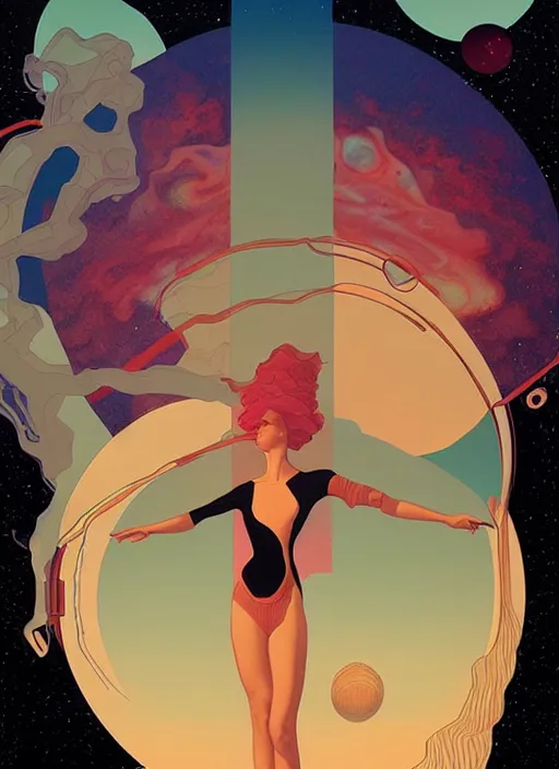 Image similar to poster artwork by michael whelan and tomer hanuka, portrait of beautiful sensual dancer in the clouds of jupiter, clean, art deco