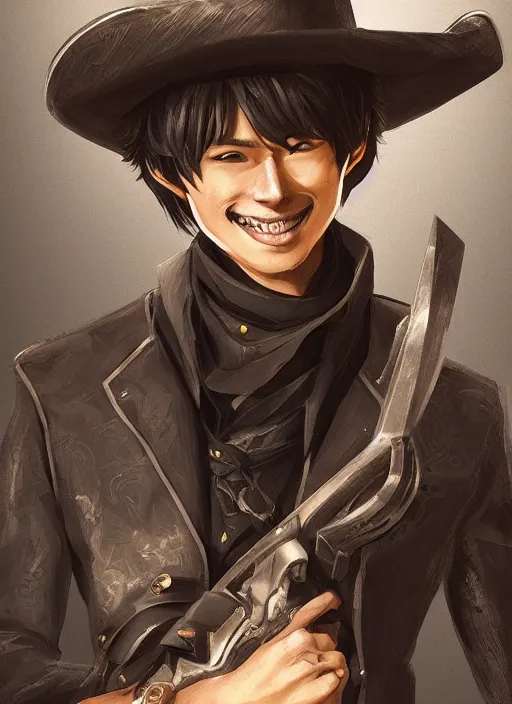 Image similar to a highly detailed illustration of kento yamazaki as a cowboy wearing black cowboy hat, dramatic smiling wielding revolvers pose, perfect face, intricate, elegant, highly detailed, centered, digital painting, artstation, concept art, smooth, sharp focus, league of legends concept art, wlop