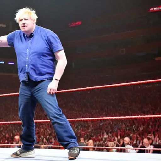 Image similar to boris johnson wearing a blue baseball cap hat and jeans in wwe as a muscular wrestler. he is holding one hand near his face