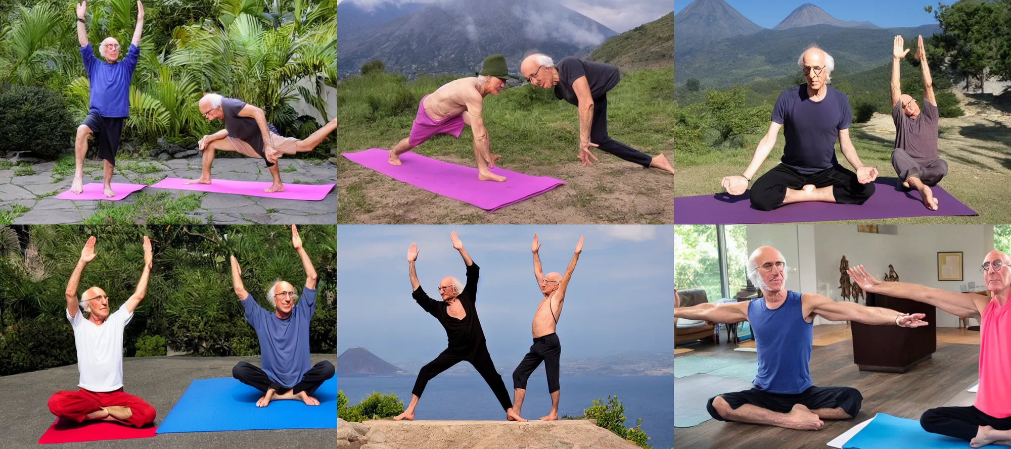 Prompt: larry david doing yoga next to a vulcano