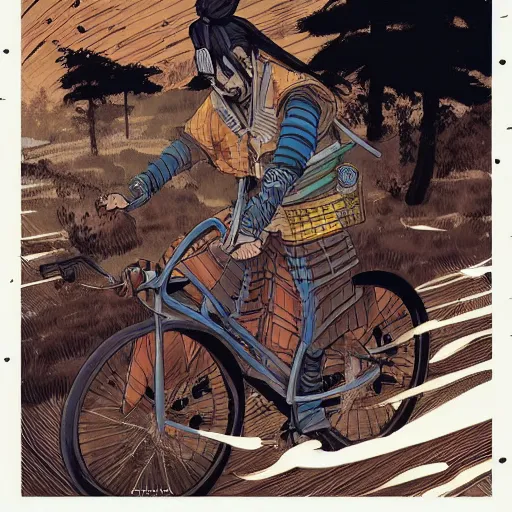 Prompt: japanese samurai riding a bicycle that looks like Borderlands and by Feng Zhu and Loish and Laurie Greasley, Victo Ngai, Andreas Rocha, John Harris