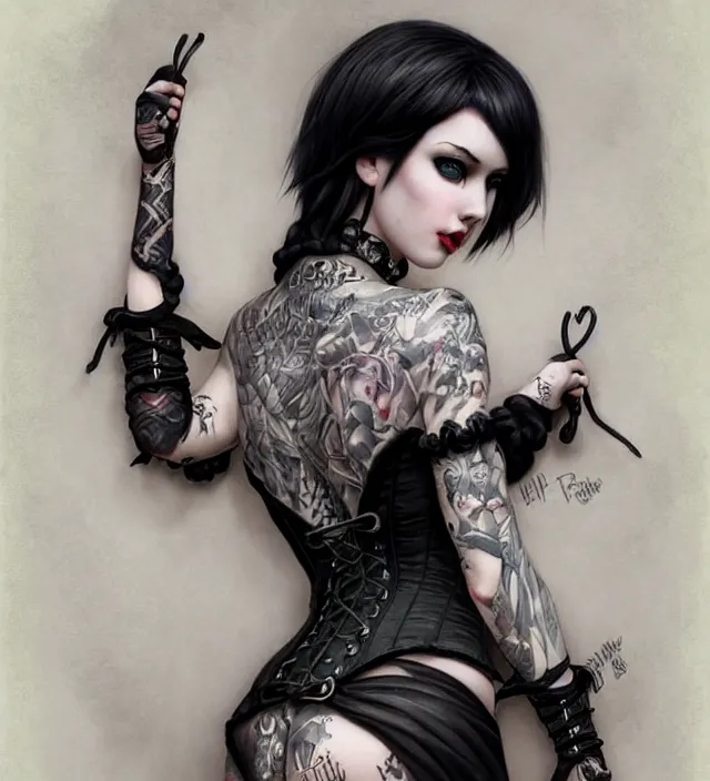 Image similar to two beautiful pale skin white eyed cosplay girls, back view, black hair, fully tattooed body, fishnet corset with choker and whip on hand, symmetrical, beautiful detailed face, masterpiece, artstation contest winner, trending artgerm, paint by tom bagshaw