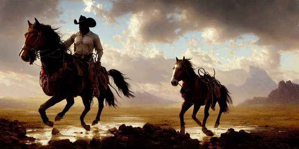 Image similar to face close - up jamie foxx as a cowboy on his horse is crossing american plains with a small riverbed, mountaineous background, cloudy day, highly detailed, digital art, by greg rutkowski, by albert bierstadt