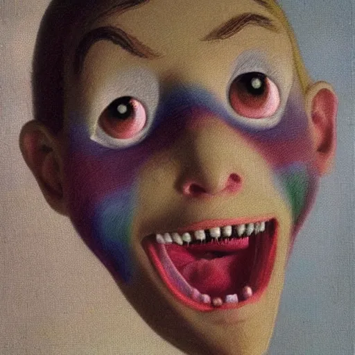 Image similar to helga pataki's teeth, soft rainbow light, painting by jacques-louis david, sad muppet eyes