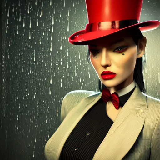 Prompt: stylish woman cartoon portrait made out of rain, pinstripe suit, top hat, cyberpunk background, rendered in octane, unreal engine, highly detailed, trending on artstation, realistic, neon, beautiful