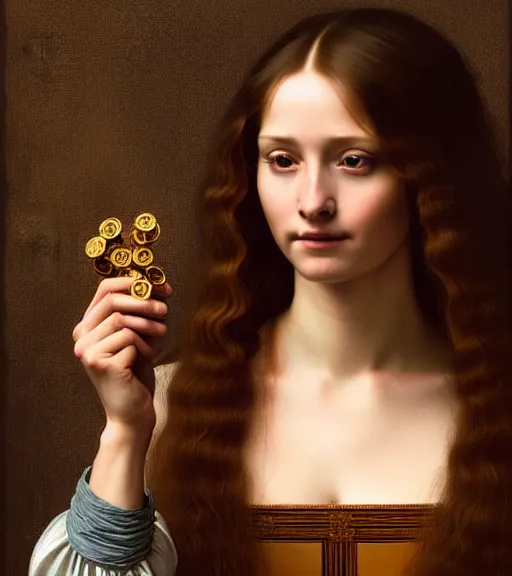 Prompt: portrait of a long - haired woman winning the lotterysitting upon a table with heightened detail, poised, intense emotion, detailed facial expression, detailed surroundings, intricate, elegant, highly detailed, centered, digital painting, artstation, concept art, smooth, sharp focus, illustration, by ( leonardo da vinci ), wlop