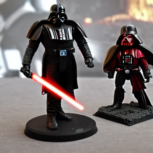 Image similar to Darth Vader collects miniature battles of Warhammer 40,000 space marine figurines on his desktop at a table with a bright lamp, realism, depth of field, focus on Darth Vader,