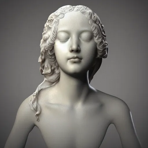 Prompt: “a delicate renaissance marble sculpture of a !female !!face , covered with water veil, highly detailed !!!transparent marble cloth, gi, global illumination, physically based rendering, photorealistic, top light , dark background”