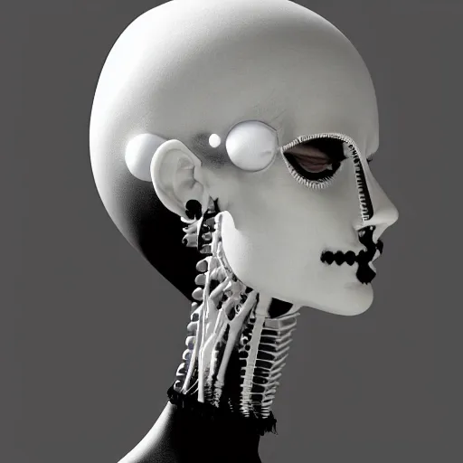 Image similar to black and white dreamy foggy smoky profile face portrait, single skeletal biomechanical beautiful young female cyclops - cyborg - robot bust, body ribs meshes,, volumetric light, rim light, by dora maar and cecile beaton, big gothic fashion pearl embroidered collar, 8 k