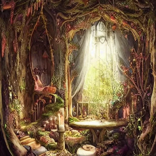 Image similar to a beautiful interior of a fairy castle's hall,, fully decorated, furnished with fairy furniture, fairy aesthetics, fairy lights, fairycore!!! magical realism, fantasy nvironment art by scot howden, greg rutkowski, and elena dudina. high details, magical and in soft colour palette, dreamy