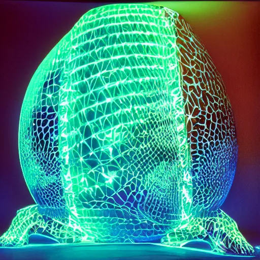 Prompt: annie liebowitz portrait of a plasma energy tron dinosaur egg, made up of glowing electric polygons. cinestill