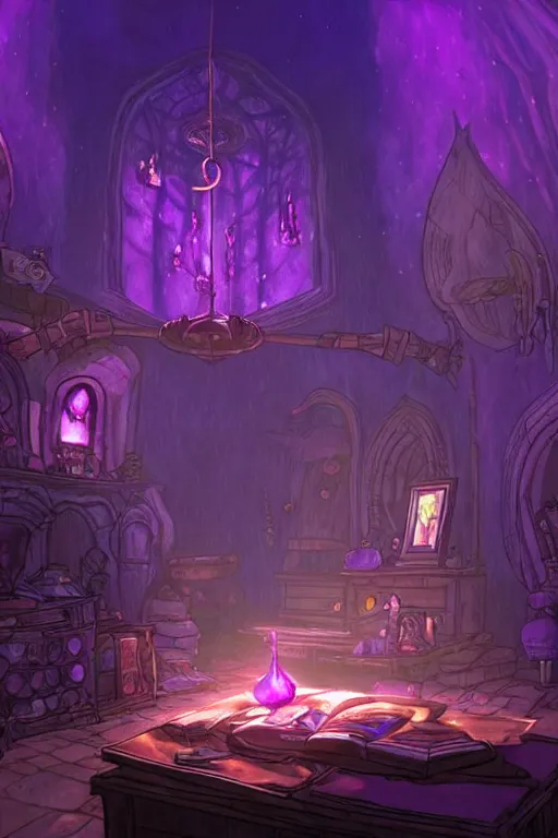 Image similar to interior of a dark wizards sanctum, purple light, cluttered with magical objects, spell books, potions, dramatic lighting, epic composition, wide angle, by miyazaki, nausicaa ghibli, breath of the wild