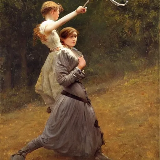 Prompt: young victorian woman fighting a monster, by alfred stevens