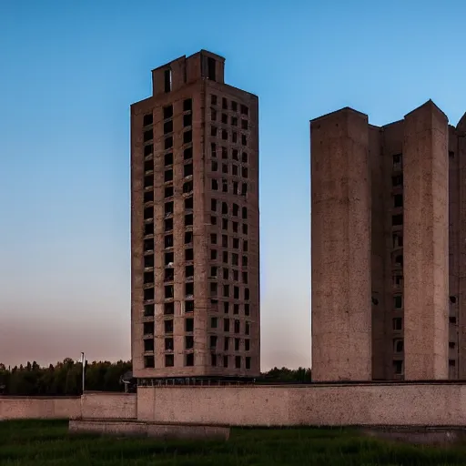 Image similar to a wide shot of a soviet beautiful brutalist monumental multi - building complex, with many rounded elements sprouting from the base tower creating a feel of an organic structure, photography shot at blue hour