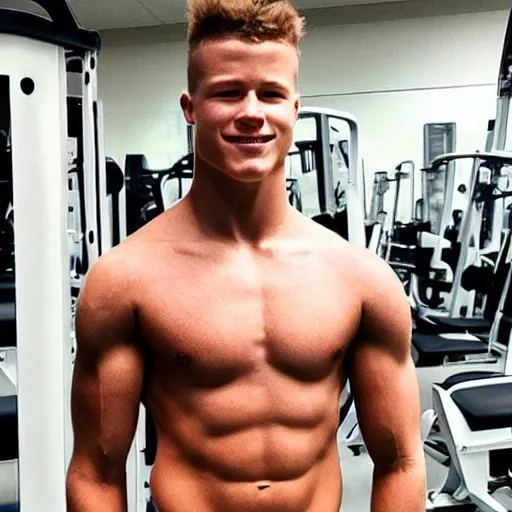 Prompt: “ a realistic detailed photo of a guy who is an attractive humanoid who is half robot and half humanoid, who is a male android, football player christian mccaffrey, shiny skin, posing like a statue, blank stare, at the gym, on display ”