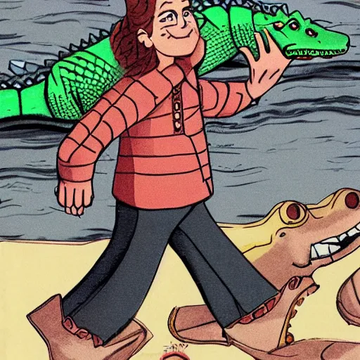 Prompt: chill crocodile in 1980's casual clothes