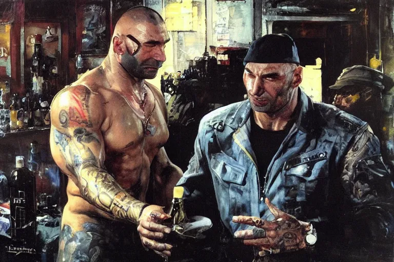 Prompt: dave bautista as replicant sapper morton is offered a drink at a party by dorian yates, painted by phil hale and rick berry and dean cornwell and norman rockwell and jeremy mann