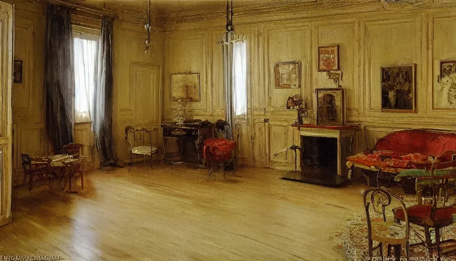 Image similar to detailed interior of a soviet apartment, by Ilya Repin