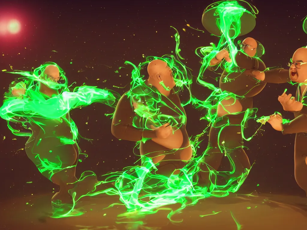 Prompt: Render of two fat bald men opening a bottle of glowing absinthe and squirting fluorescent liquid in the cosmos, highly detailed, trending on artstation, unreal engine 8k