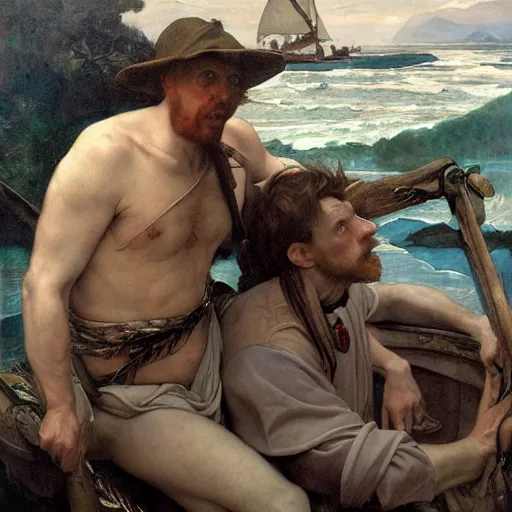 Prompt: gilligan and the skipper are frozen in grief and terror, by edgar maxence and caravaggio and michael whelan and delacroix style, artistic, intricate drawing, light brazen, realistic fantasy, extremely detailed and beautiful aesthetic face, establishing shot, 8 k resolution, dramatic lighting
