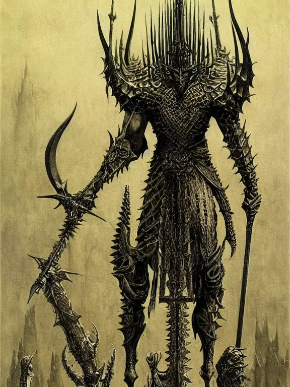 Prompt: A spiked horned semiork-semihuman with armored joints stands in a large throne room with sword in hand. Massive shoulderplates. Realistic, fantasy art, solo, masterpiece, art by Zdzisław Beksiński, Arthur Rackham, Dariusz Zawadzki