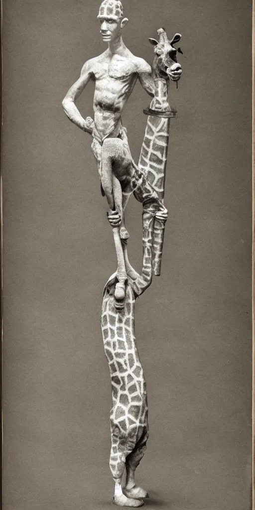 Image similar to soldier with the head of a giraffe and the body of an orangutan