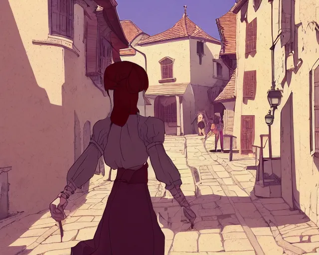 Image similar to anime still frame of a young female walking through a medieval village, dynamic pose, dynamic perspective, detailed silhouette, detailed, intricate, cel shaded, minimalist. simple, manga, ilya kuvshinov