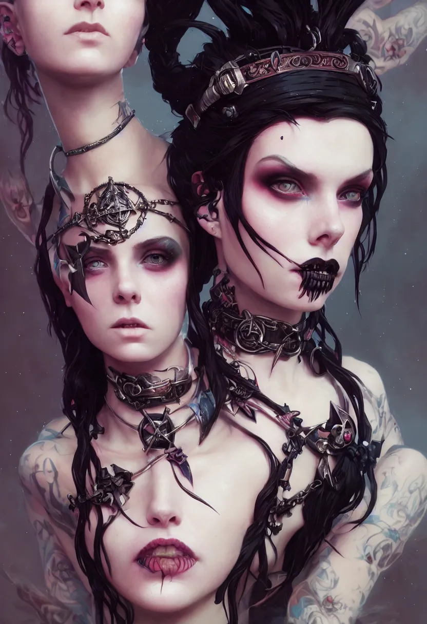 Image similar to beautiful extreme closeup portrait, goth girl, piercings collar, mohawk hairstyle, medieval dress. witch, makeup. unreal engine, greg rutkowski, loish, rhads, beeple, tom bagshaw, alphonse mucha, global illumination, detailed and intricate environment