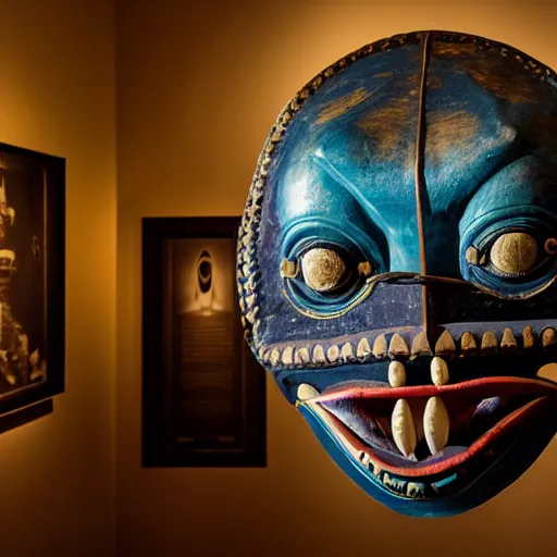 Image similar to traditional alien mask in a museum with spot lights, realistic, photography, photojournalism, national geographic photoshoot