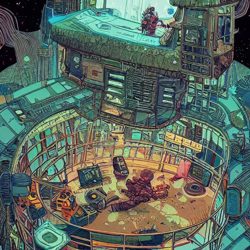 Image similar to Stunningly intricate illustration of a cyberpunk explorer playing video games in his treehouse, highly detailed, midnight, by Victo Ngai and James Gilleard , Moebius, Laurie Greasley