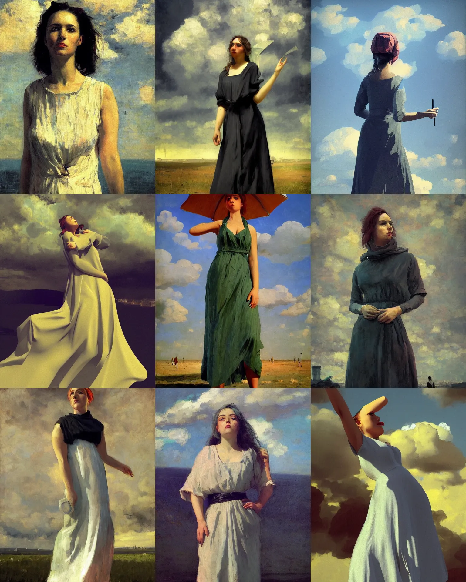 Prompt: woman portrait, female figure in maxi dress, sky, thunder clouds modernism, low poly, low poly, low poly, industrial, vapor punk, barocco, ilya repin style