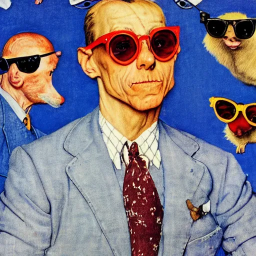 Prompt: a norman rockwell painting of a old - fashioned - humanoid - ferret wearing brightly colored cheap sunglasses and 3 - piece suit