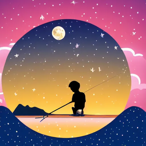 Image similar to a kid sitting on a half moon and fishing the stars