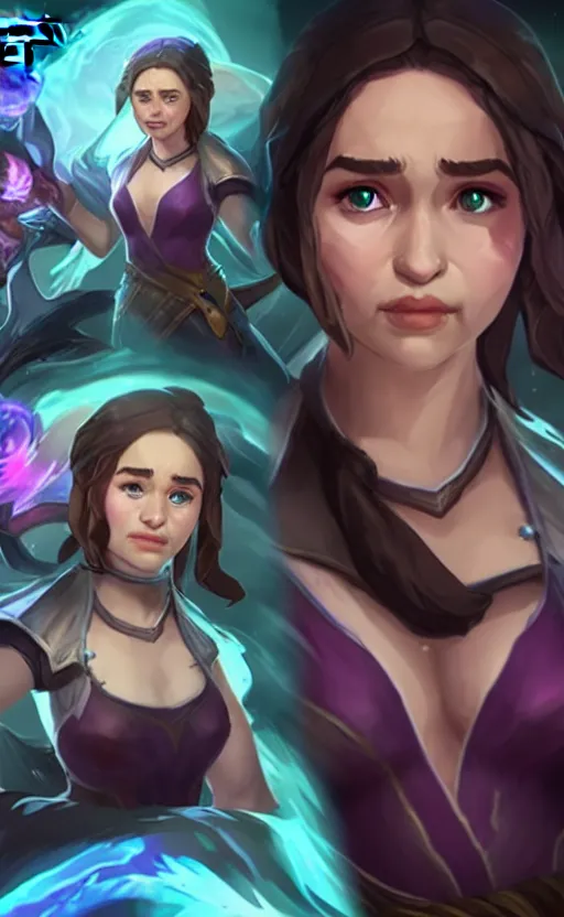 Image similar to Emilia Clarke as a character in the game League of Legends, with a background based on the game League of Legends, detailed face, old 3d graphics