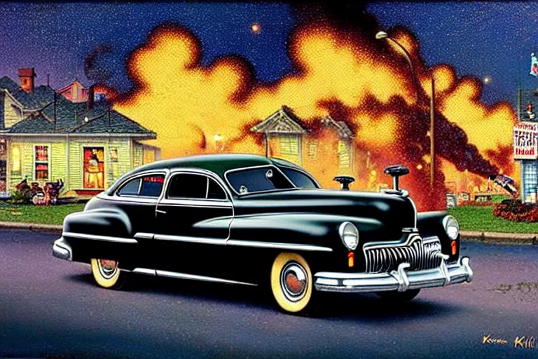 Prompt: in the style of norman rockwell, thomas kinkade, 1 9 4 8 desoto car, black, driving through a 1 9 5 0 s town that's on fire, night time, elaborate, high saturation, heat haze, hostile, bird's eye view