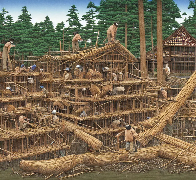 Prompt: photography hyperrealism concept art of highly detailed anthropomorphic beavers builders that building city with sticks by hasui kawase