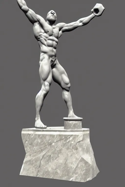 Image similar to the statue in marble of a crossfitter with a mustache holding a dumbell, mattepainting, global illumination, concept Blizzard pixar maya engine on stylized background