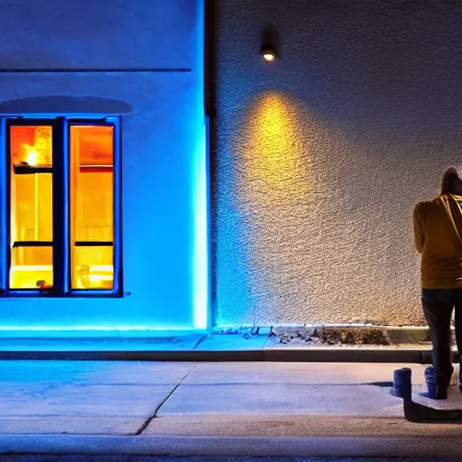 Image similar to we are on a sidewalk looking at a house watching a a man watch television. a blue light cascades on his face. it's dark outside.