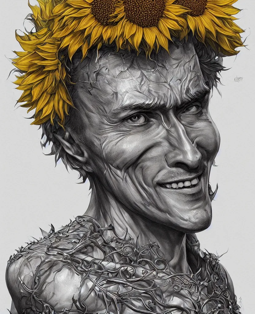 Image similar to digital art, centered full body of young any old Putin smiling king, Sunflower crown, ,intricate, veins, by James Jean and by artgerm , by ross tran ultradetailed, charachter design, concept art, trending on artstation,