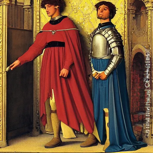 Image similar to Troy and Abed as medieval knights, masterpiece painting by Edmund Leighton