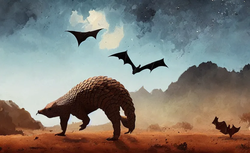 Prompt: pangolin and bat in australia desert, beautiful mountains, hyperrealism, no blur, 4 k resolution, ultra detailed, style of anato finnstark, ismail inceoglu, hans thoma, jonathan solter, ute osterwalder - c 1 1