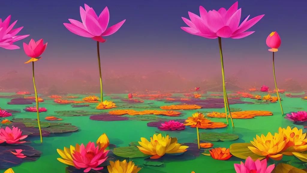 Image similar to digital illustration of a lake full of giant multi - colored lotus flowers by dr. seuss, reimagined by ilm and beeple : 1 | megaflora, spectral color, electric color, rolling hills : 0. 9 | fantasy : 0. 9 | unreal engine, deviantart, artstation, hd, 8 k resolution : 0. 8