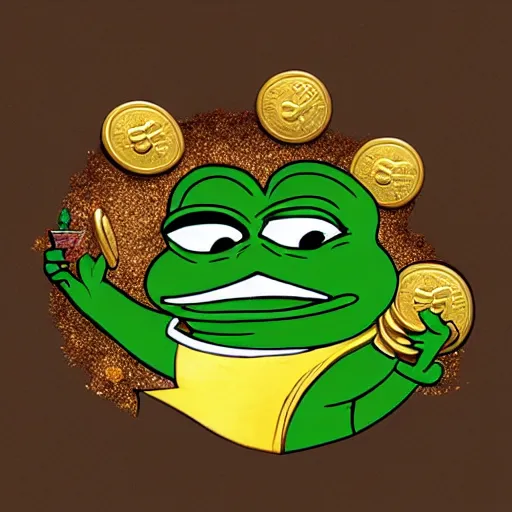 Image similar to super rich happy pepe, coins, gold, crystals, greg rutkowski