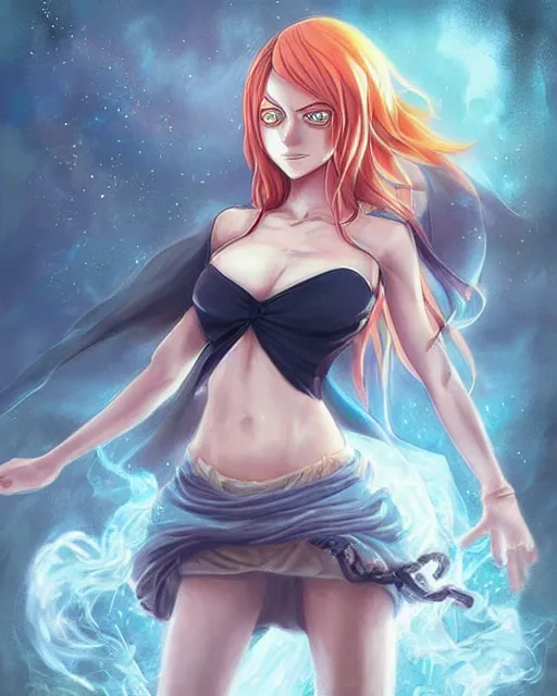 Image similar to beautiful portrait of a Witch who looks like Nami, One Piece anime character design by Ross Tran, artgerm detailed, soft lighting