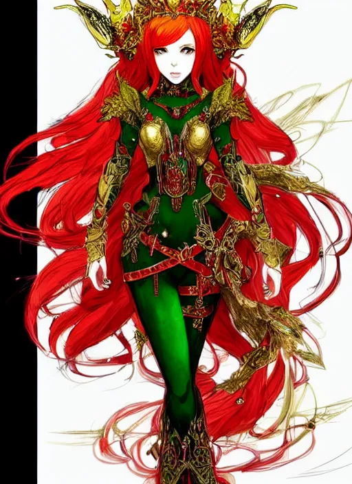 Image similar to Full body portrait of a beautiful red haired elven queen wearing red, green and gold queen dress and elaborate golden crown, bored look. In style of Yoji Shinkawa and Hyung-tae Kim, trending on ArtStation, dark fantasy, great composition, concept art, highly detailed.