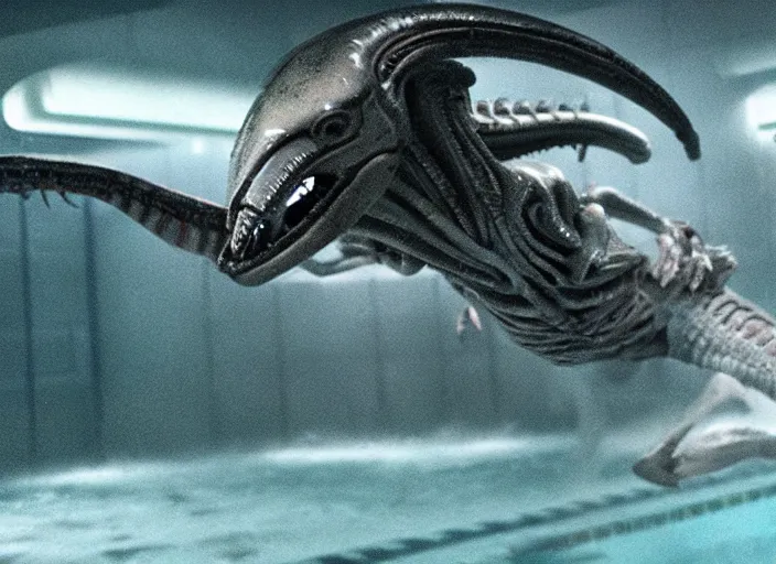 Prompt: film still of xenomorph swimming in a pool at night in the new alien movie, 4 k